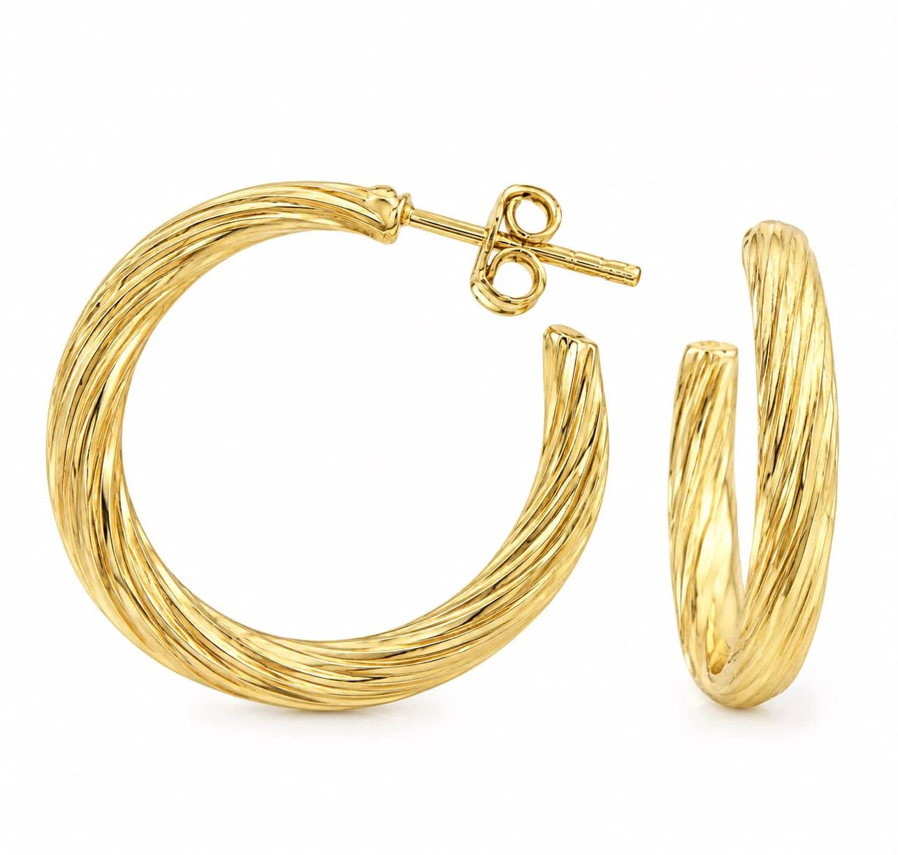 Ribbed open gold hoop earrings on posts