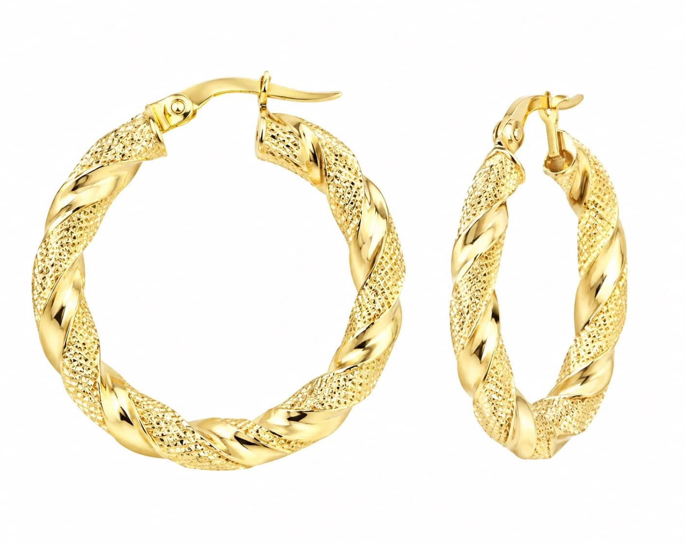 Gold hoop earrings twisting polished and mesh-textured bands