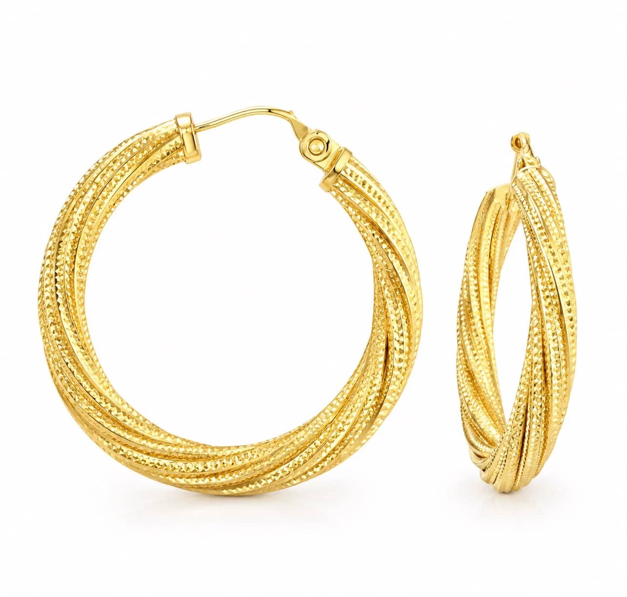 Gold hoop earrings of twisted textured strands
