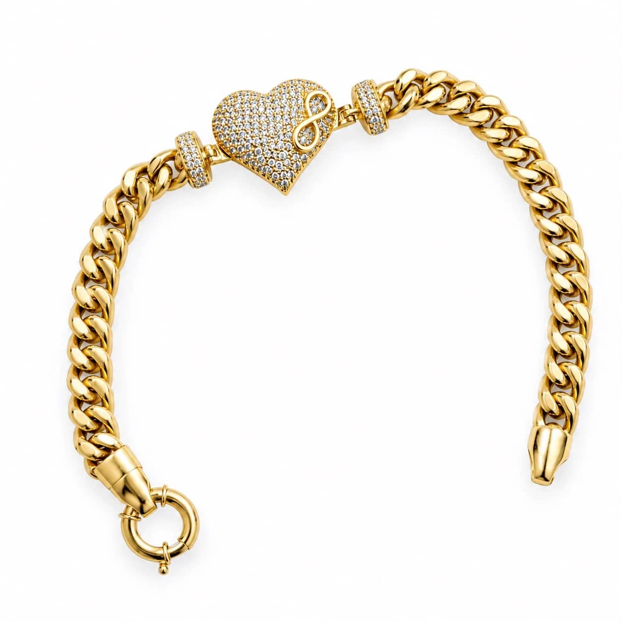 Gold Cuban bracelet with a pavé heart and infinity detail