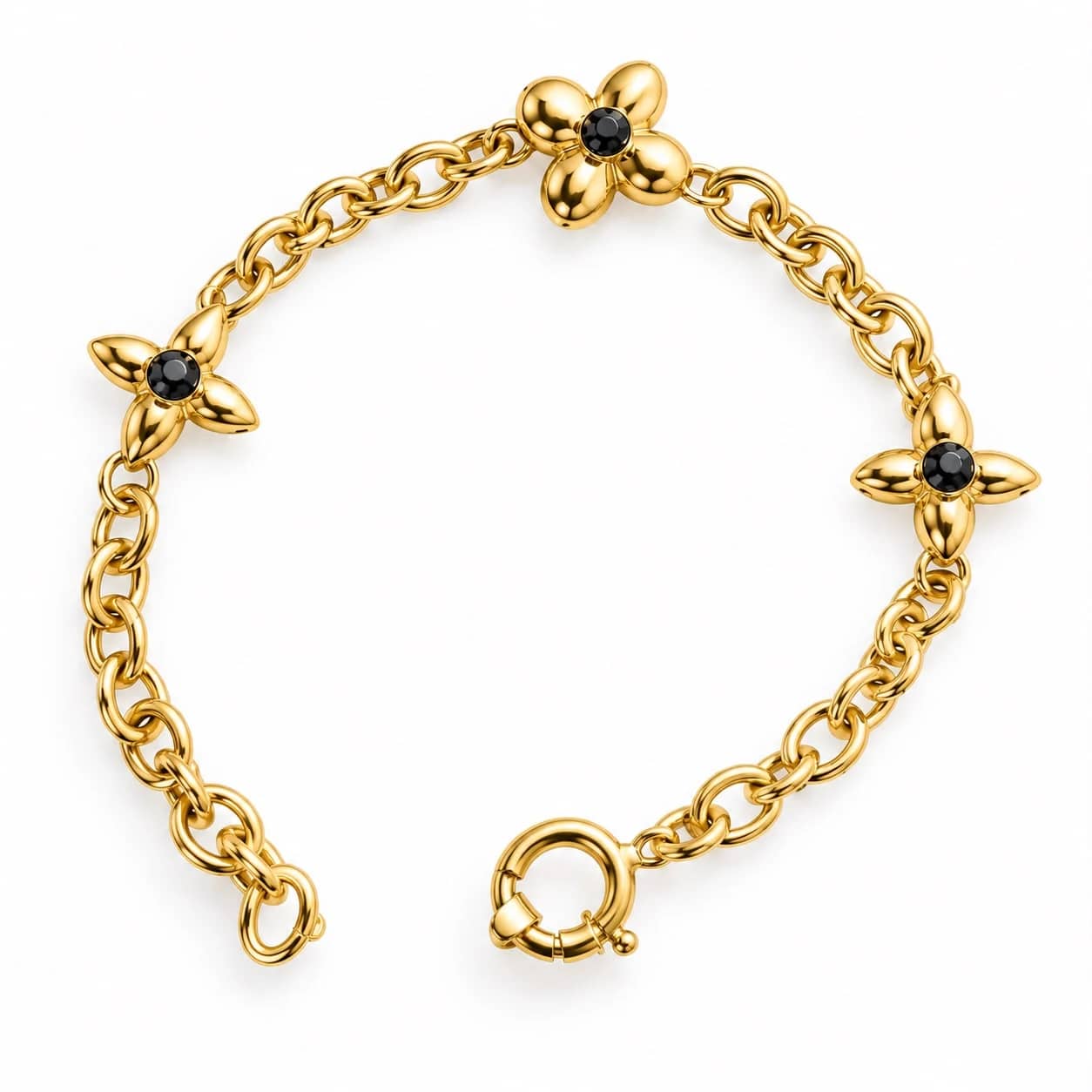 Gold bracelet with three flower stations centered with black onyx